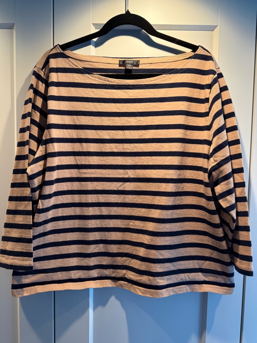 J. Crew Beige and Navy Striped Boatneck Top
